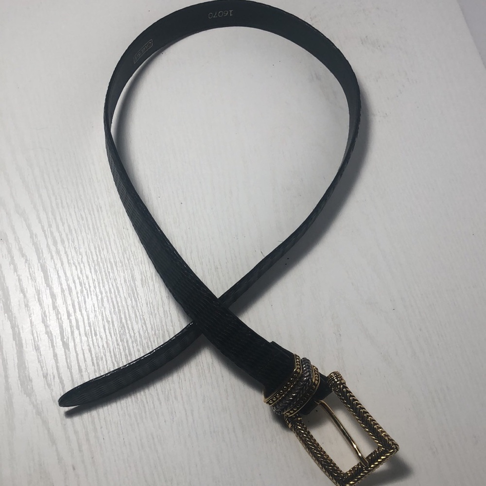 Vintage Carlisle Womans Belt Black Grey Leather Solid Gold Silver Buckle - Picture 5 of 8
